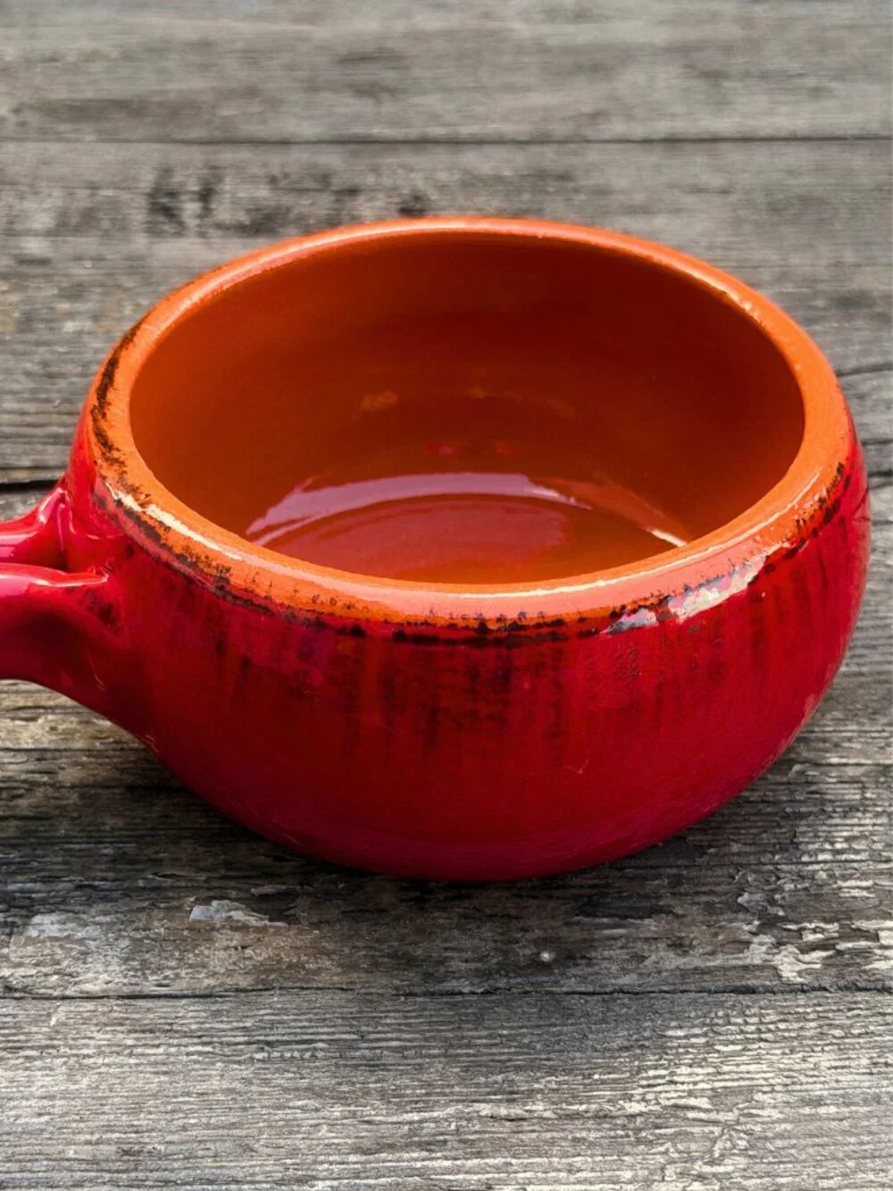 Vintage DE SILVA Italy Red Orange Terracotta Handled Casserole Soup Bowl Handle